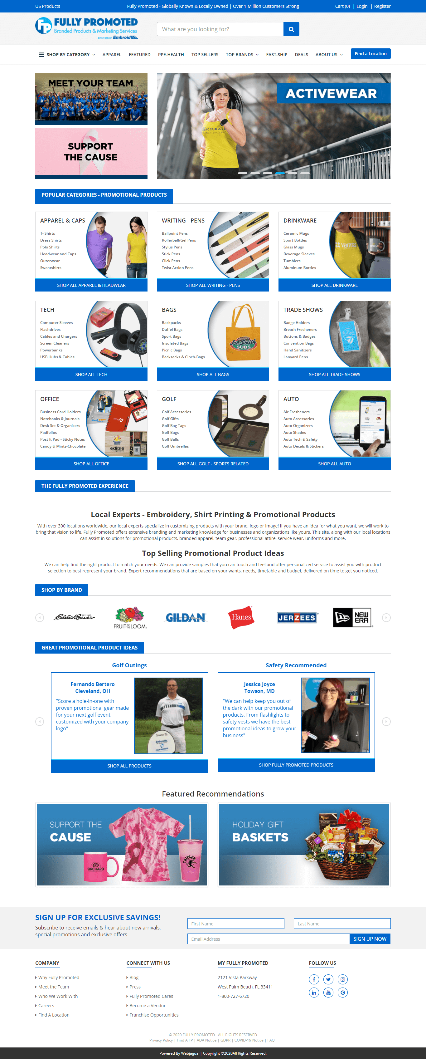 Screenshot of a promotional products website featuring categories such as apparel, writing tools, drinkware, tech, and bags. Highlights promotions, featured recommendations, and a sign-up form for exclusive savings. Screenshot of a promotional products website featuring categories such as apparel, writing tools, drinkware, tech, and bags. Highlights promotions, featured recommendations, and a sign-up form for exclusive savings.