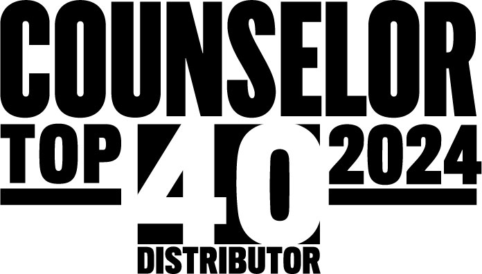 Black and white logo with bold text reading "Counselor Top 40 Distributor 2024. Black and white logo with bold text reading "Counselor Top 40 Distributor 2024.
