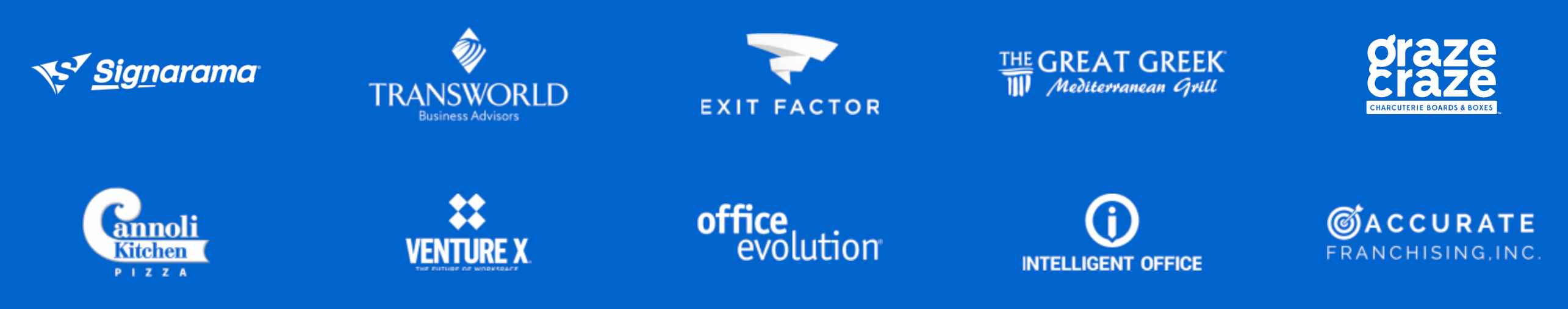 Logos of ten businesses on a blue background, including Signarama, Transworld, Exit Factor, The Great Greek, Graze Craze, Cannoli Kitchen, Venture X, Office Evolution, Intelligent Office, Accurate. Logos of ten businesses on a blue background, including Signarama, Transworld, Exit Factor, The Great Greek, Graze Craze, Cannoli Kitchen, Venture X, Office Evolution, Intelligent Office, Accurate.